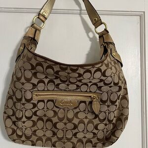 Coach Brown and Tan Signature Shoulder Bag